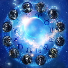horoscope with illustrations of old mythological gods rulers of zodiac signs with mystic universe, planet and galaxy like astrology concept 