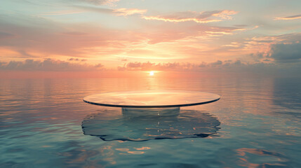 Empty glass table on crystal water surface on sunset sky background. Show case for natural cosmetic products.