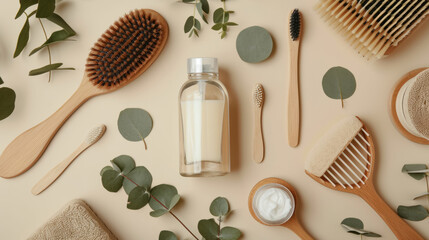 Eco cosmetics concept. Top view photo of glass dispenser bottle cream jar soap hair brush eucalyptus cotton buds toothbrushes and wooden stands on isolated beige background - obrazy, fototapety, plakaty