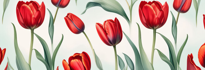 Red tulips on a light background, banner. Bouquet of red tulips.