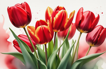 Obraz premium Red tulips on a light background, banner. Bouquet of red tulips.