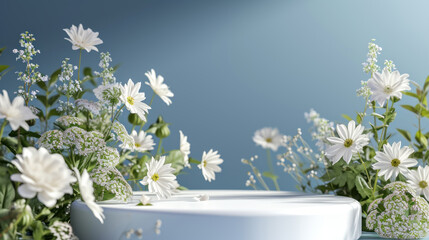 Podium flower product white 3d spring table beauty stand display nature white. Garden floral background cosmetic field scene gift day