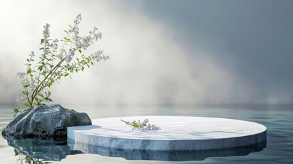 Podium background water and stone product 3d spring table beauty stand white.