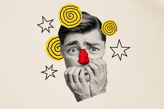 Creative drawing collage picture of confused scared man bite fingers terrified face weird freak bizarre unusual fantasy billboard