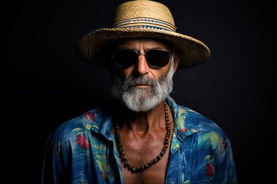Portrait of an old man with a long gray beard and sunglasses.