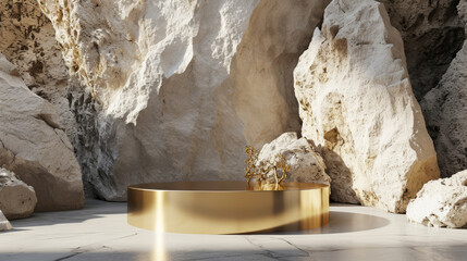 Stone rock shape background mockup with golden product podium for display or showcase cosmetic products.