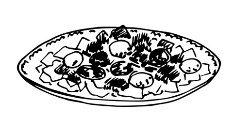 National Kazakh dish, beshbarmak, traditional cuisine. Plate with meat and flatbreads. Food, dough. Simple vector drawing with black outline. Sketch in ink.