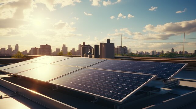 Solar panel cells are installed on the roofs of urban buildings, an environmentally friendly source of renewable electrical energy.