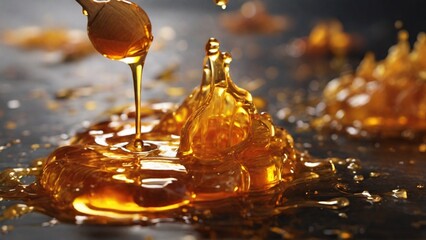 Zoom in on the ultra-realistic drip of honey, capturing its slow descent and sticky, golden texture. - Generative AI - obrazy, fototapety, plakaty