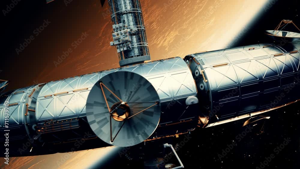 Canvas Prints space station orbiting red planet. 4k. 3d animation.