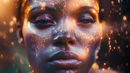 A closeup of someones face as they take deep breaths and visualize the alignment of their chakras, feeling a renewed sense of balance and energy.