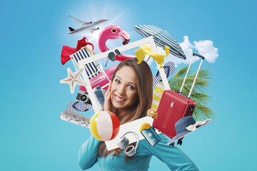 Cheerful happy woman dreaming of her summer vacation - obrazy, fototapety, plakaty