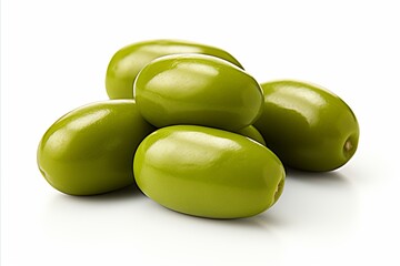 Luscious and vibrant green olives, hand picked and isolated on a pure white background