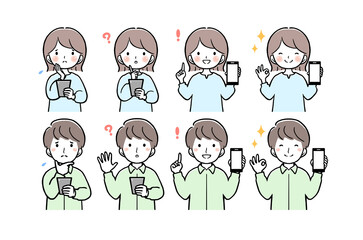 スマホを持った女性と男性の上半身ポーズ表情違いセット