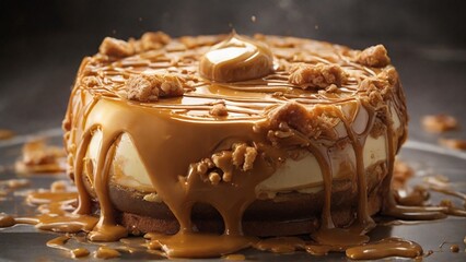Showcase the ultra-realistic web of crackling caramel on a dessert, emphasizing the intricate patterns and glossy sheen. - Generative AI
