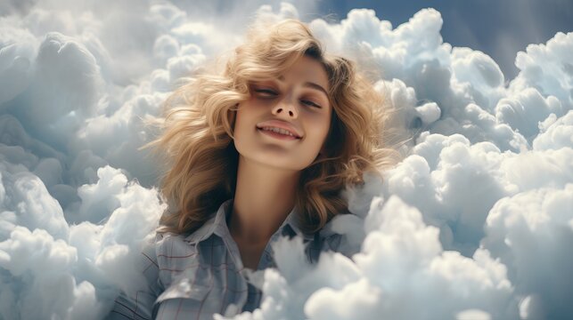 A woman sits among the clouds. Illustration of relaxation and the illusion of weightlessness and daydreaming. Blue sky background with white fluffy eddy. Concept: Dreams, sleep