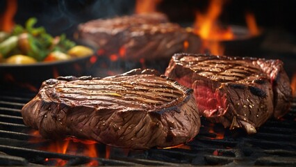 Showcase the ultra-realistic sizzle and char on the surface of a hot and freshly grilled steak, creating a mouthwatering visual experience. - Generative AI