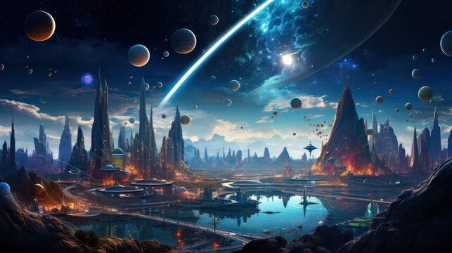 space exploration, elestial bodies, and cosmic landscapes, suitable for science fiction-themed, imaginative depiction of space exploration, featuring futuristic