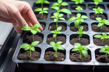 Hand gently caring for tender basil seedlings in a nursery tray, symbolizing the beginning stages of plant growth. - obrazy, fototapety, plakaty