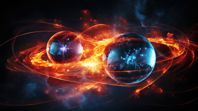 Scientific concept of depicting the fusion of two atoms. Sci-fi background. Quantum physics. Generative AI