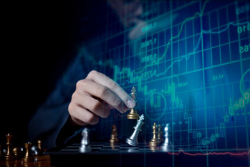 Double exposure chess game on strategy competitive market ,chess board behind business present...