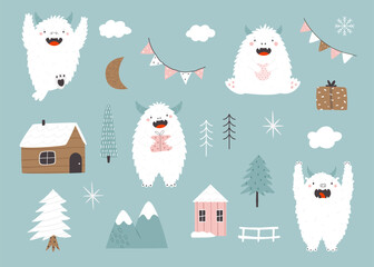 Holiday set with cute yeti monsters, forest and holiday elements - obrazy, fototapety, plakaty