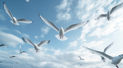 Seagulls are flying in the sky.