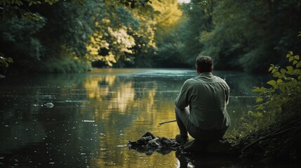 Man with his back turned, fishing on a quiet river bank, surrounded by lush vegetation generative ai