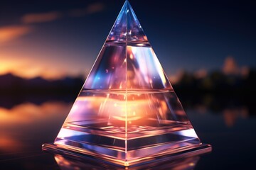 A glass pyramid with a candle inside of it