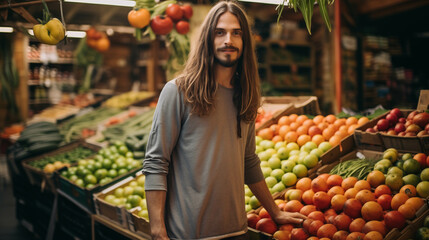 A young Caucasian merchant with long hair is smiling confidently at a fruit shop.