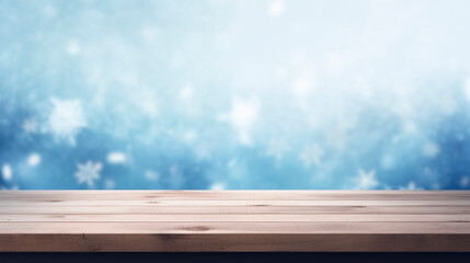 Empty wooden table on blurred background with falling snow. A place to place your product. Background. Winter