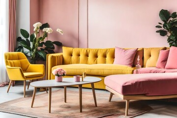 Yellow chair next to pink sofa and wooden table in pastel living room interior with flowers. Real photo beautiful background
