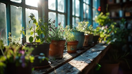 Fototapeta na wymiar Pots with vegetables or flowers on a wooden table in a greenhouse. Sunlight falls on the plants through the glass. Concept: growing crops in a closed space, farming.