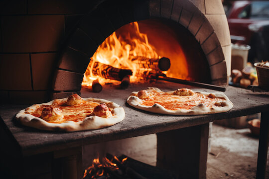 Steinofenpizza in einer rustikalen K&uuml;che eines Pizzab&auml;ckers, Knusprige und frische Pizza aus dem Steinofen mit Holzfeuer