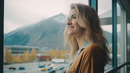 Caucasian woman looking at the scenery outside the window.