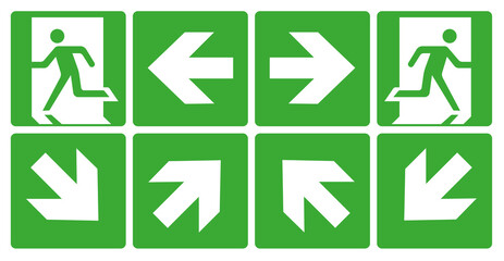 Emergency and fire exit signs. The direction of the emergency exit. - obrazy, fototapety, plakaty