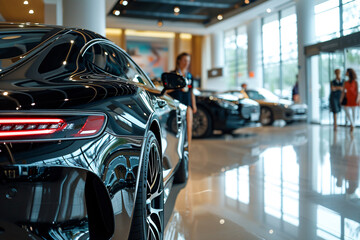 Closeup new black car parked in luxury showroom. Car dealership office. New car parked in modern showroom. Car for sale and rent business. Automobile leasing and insurance background. - obrazy, fototapety, plakaty