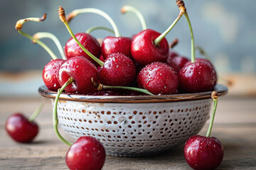 Fresh red cherries fruit on a plate on wooden background close up.