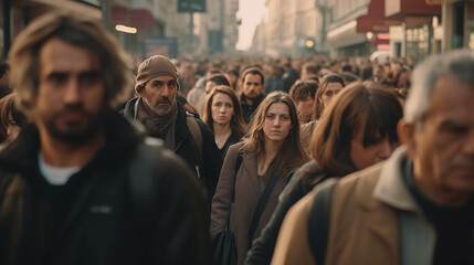 Fototapeta premium Crowd of Caucasian people walking in a busy city.