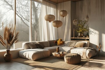 Modern minimalist living room. Corner sofa with pillows, trendy pendant lights, coffee table, dried flowers in vases, floor-to-ceiling window with curtain, plant in floor pot. Mockup, 3D rendering.