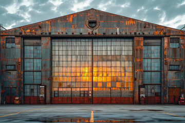 exterior of big abandoned old warehouse with windows at night.