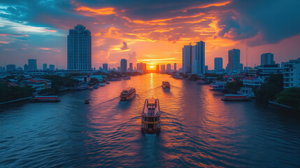 Fiery Sunset over City's River with Commuter Boats