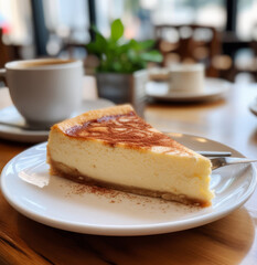 Piece of cheesecake with cinnamon on the top on the cafe table