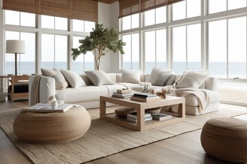 a stylish coastal living room with unique textiles and natural wood finishes. Generative AI - obrazy, fototapety, plakaty