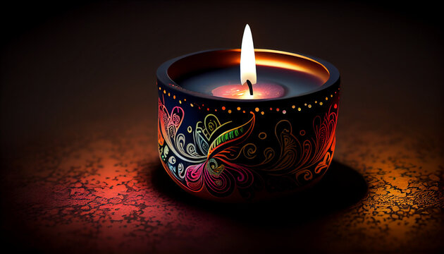 Diwali festival candle with fire on dark background, colorful wallpaper, background, Ai generated image