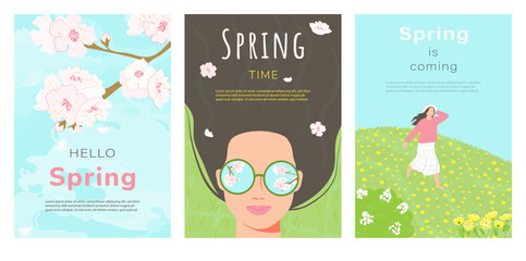 Set of spring flyers with beautiful flowers. A girl runs through a flower field, sakura blossoms, a woman with glasses lies on the grass and looks at the flowers. Vector illustration
