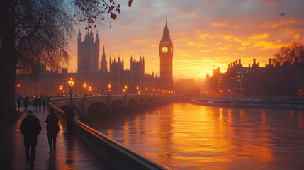 Sunset Silhouette of Big Ben and Westminster Bridge - obrazy, fototapety, plakaty