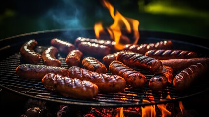 Barbecue grill with sizzling sausage and spicy merguez   summer party and traditional american food - obrazy, fototapety, plakaty