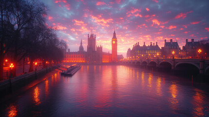 Fototapeta na wymiar Fiery Sky over Big Ben and Westminster at Dusk