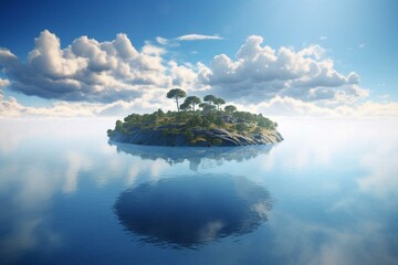A circular island floating in the blue sky above a conceptual artwork. Generative AI
